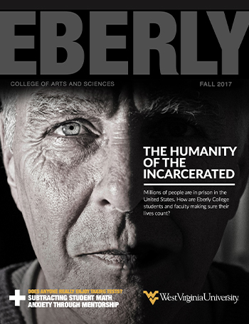 Fall 2017 Eberly Magazine cover, a black and white photo of man's face
