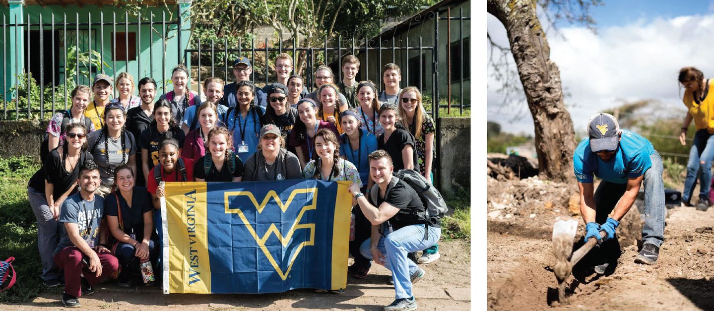 Group of students holding a flying WV flag, and students digging in the ground